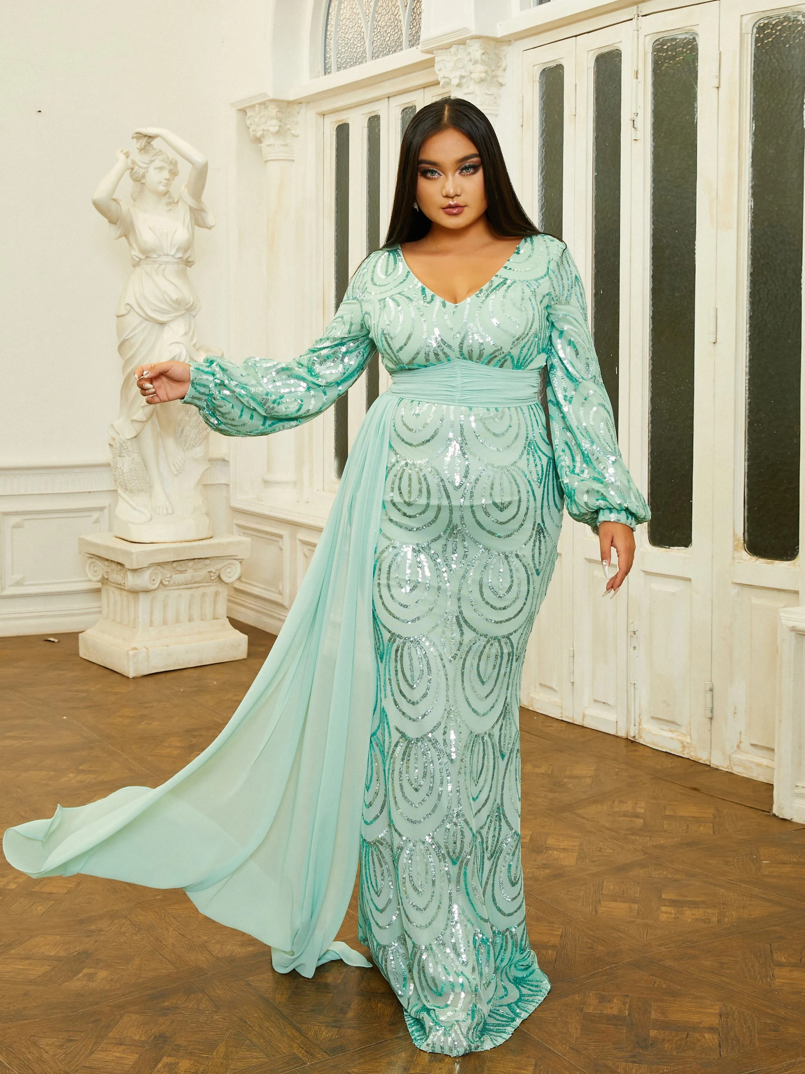 Plus V-Neck Long Sleeve Prom Dress PXJ1524