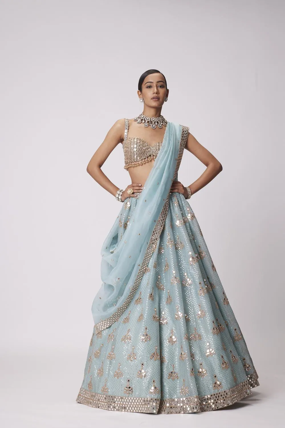 Powder Blue Organza Sequin Embroidered Lehenga Set