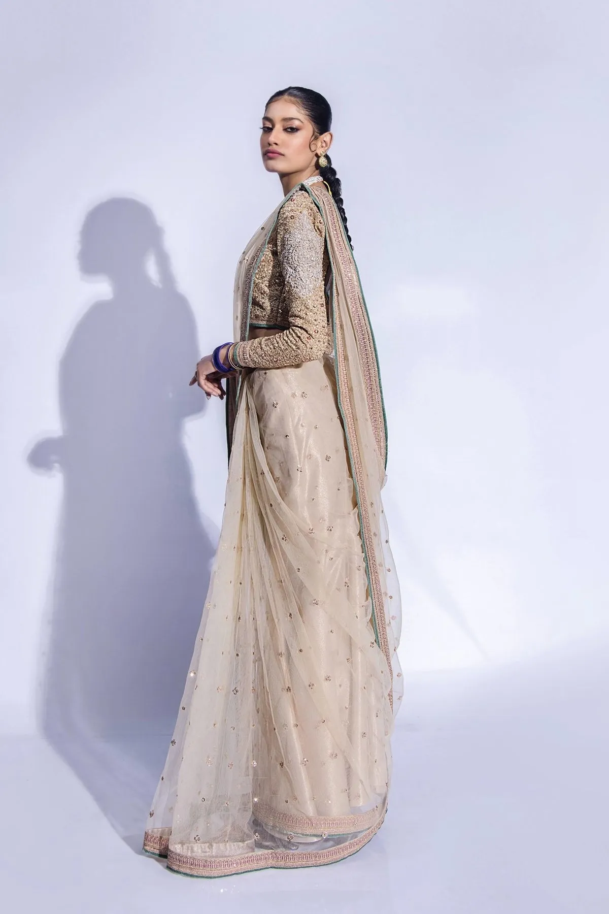 Premium Net Bridal Saree with Pastel Embellished Blouse