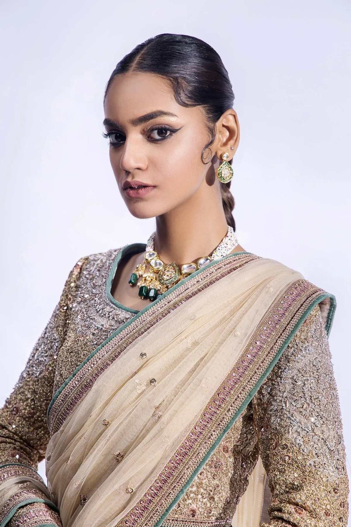 Premium Net Bridal Saree with Pastel Embellished Blouse