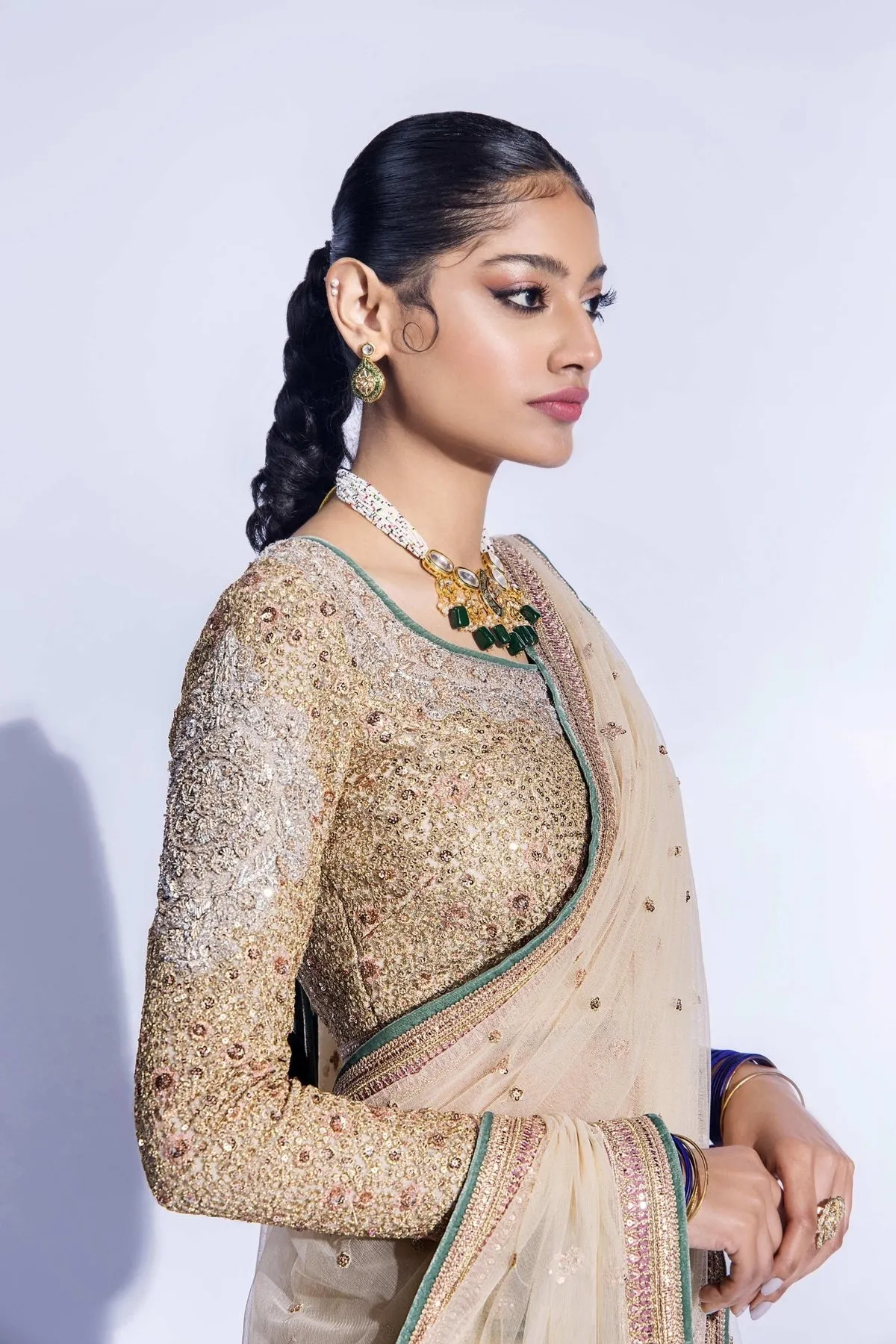 Premium Net Bridal Saree with Pastel Embellished Blouse