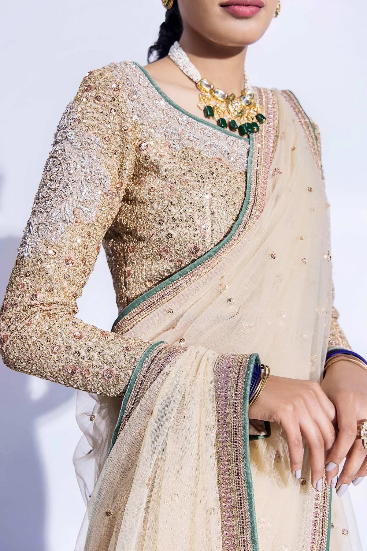 Premium Net Bridal Saree with Pastel Embellished Blouse