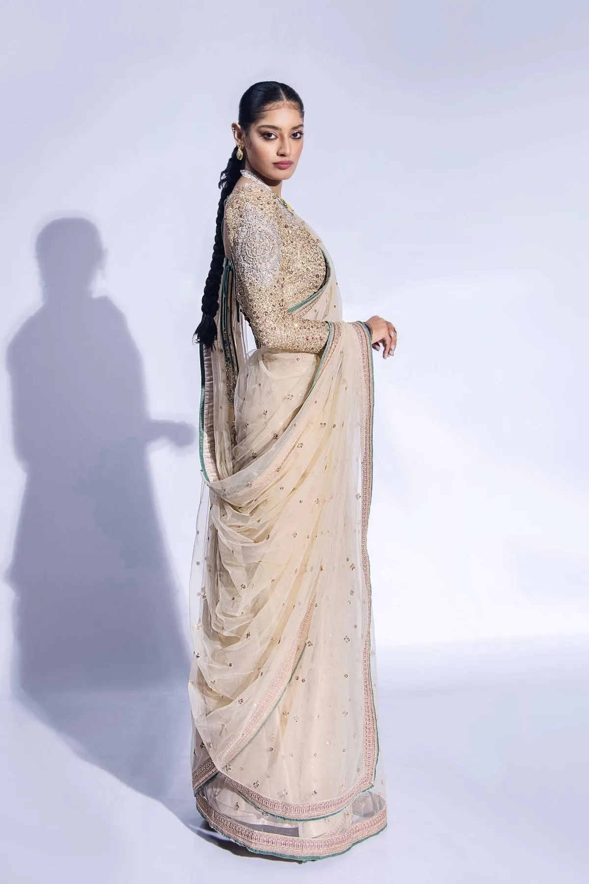 Premium Net Bridal Saree with Pastel Embellished Blouse