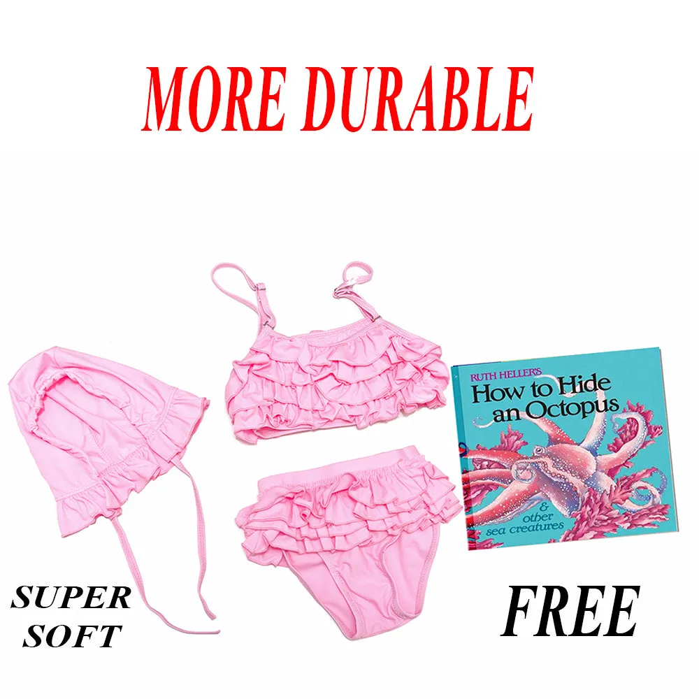 Pretty in Pink three piece ruffled two piece swim suit with matching bonnet