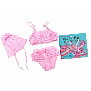 Pretty in Pink three piece ruffled two piece swim suit with matching bonnet