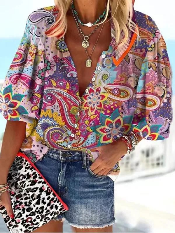 Prettybeautie Printed Button-Front Shirt