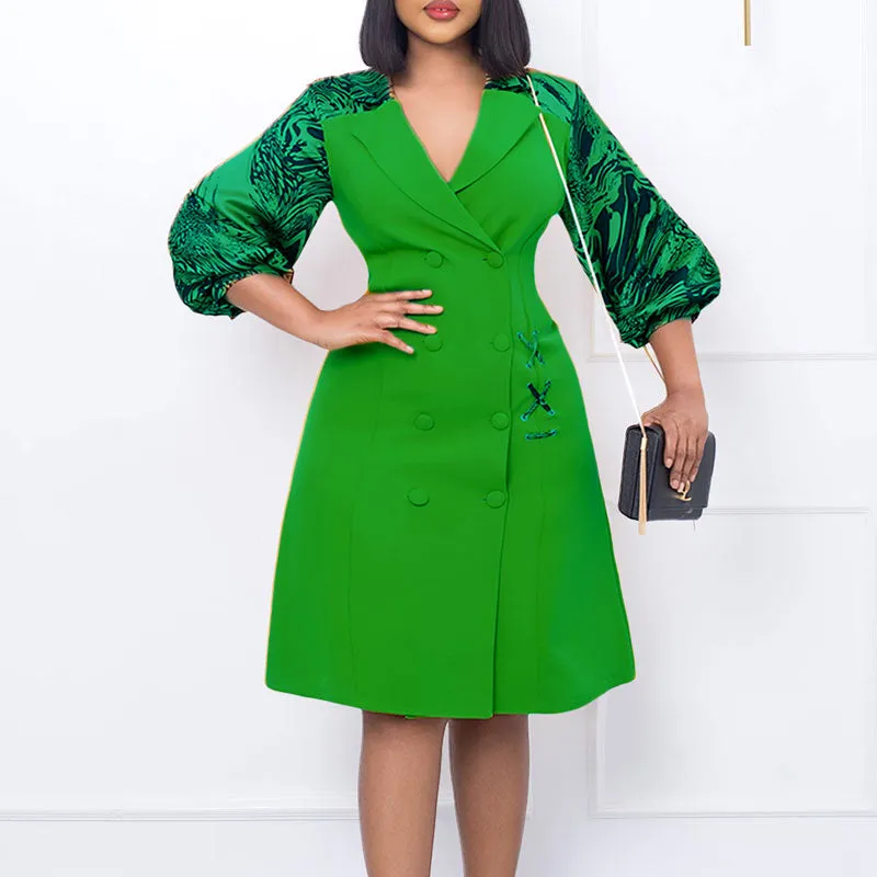 Print V-Neck Lantern Sleeve Blazer Dress