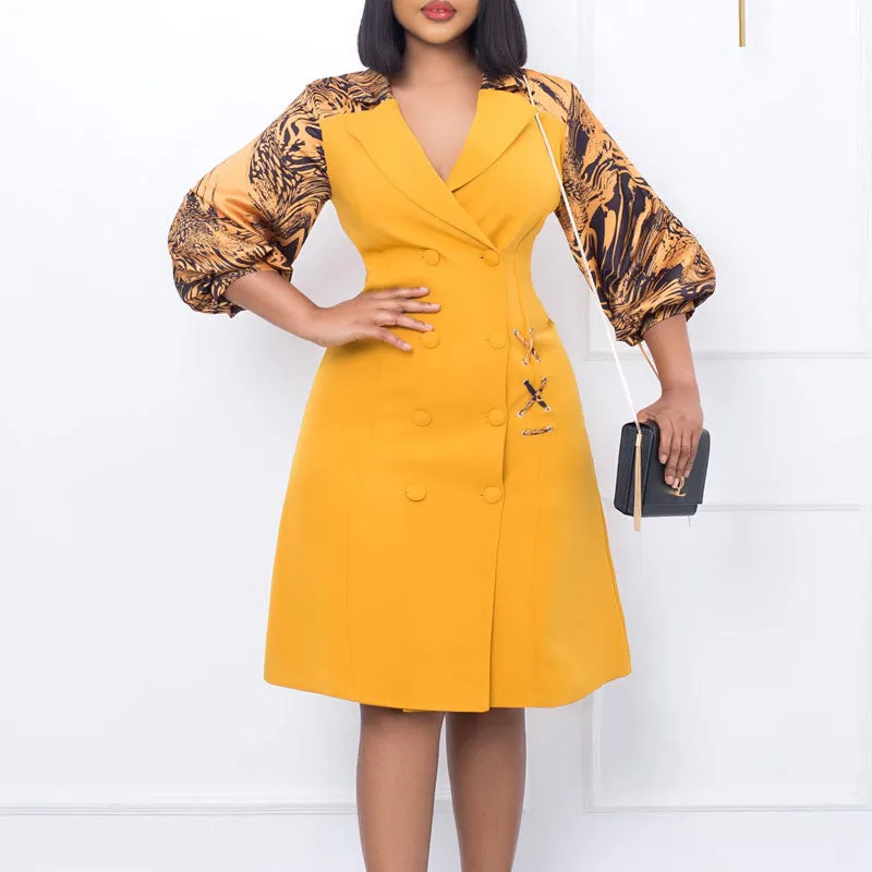 Print V-Neck Lantern Sleeve Blazer Dress