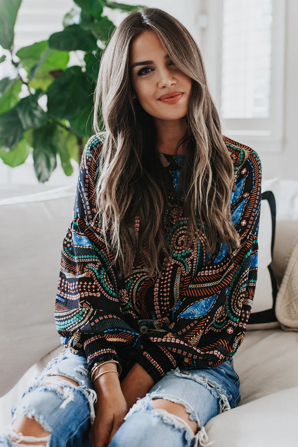 Printed Lantern Sleeve Top