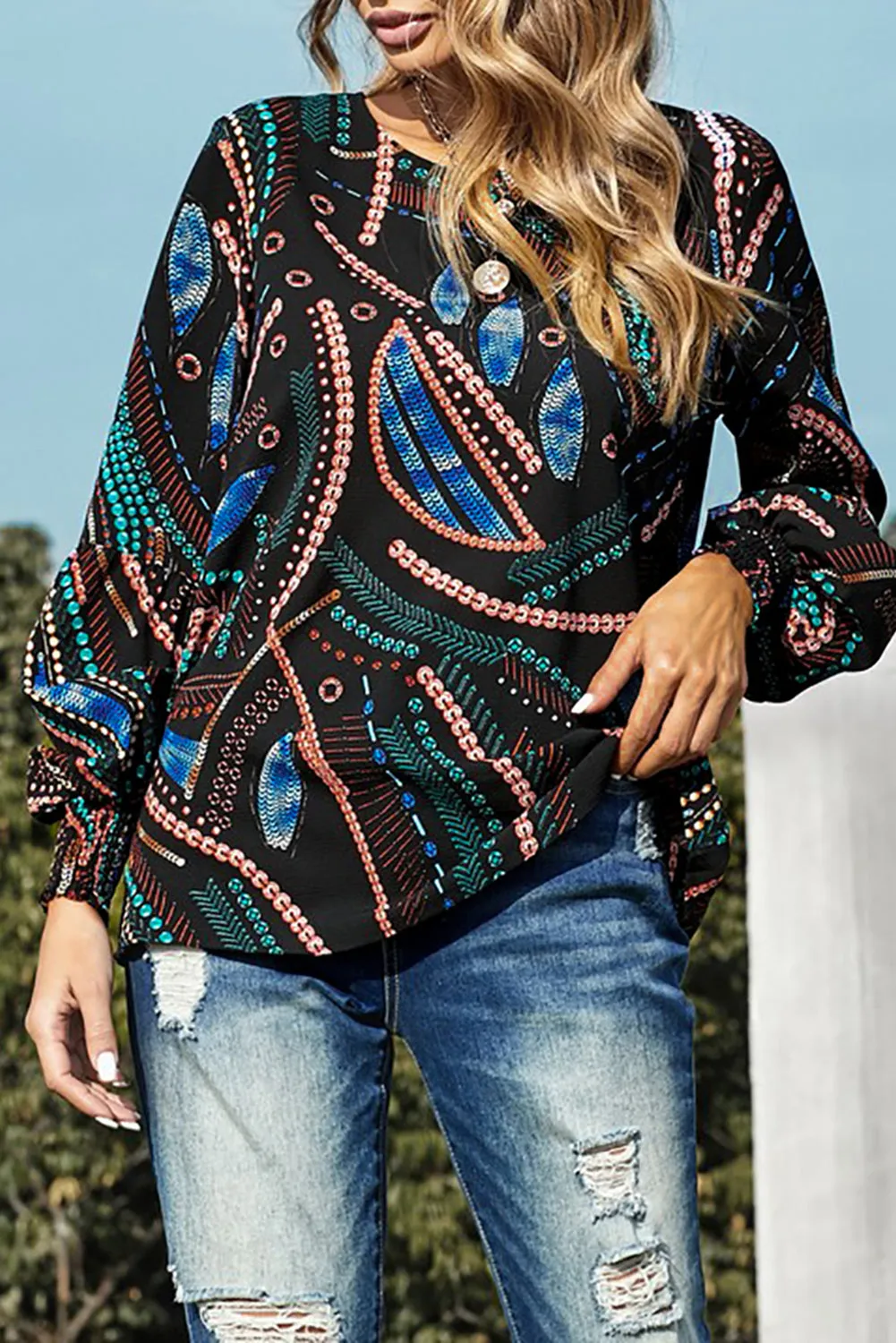 Printed Lantern Sleeve Top
