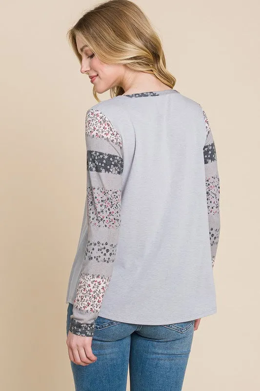 Printed Long Sleeve Henley Top
