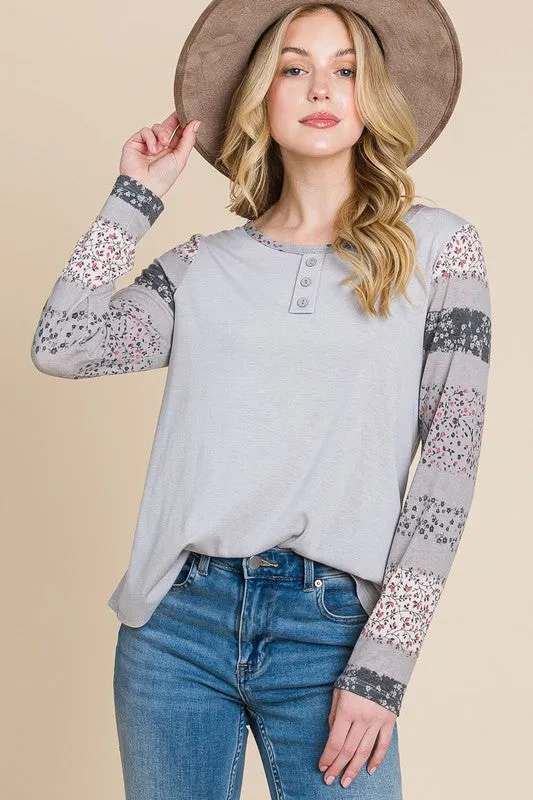Printed Long Sleeve Henley Top