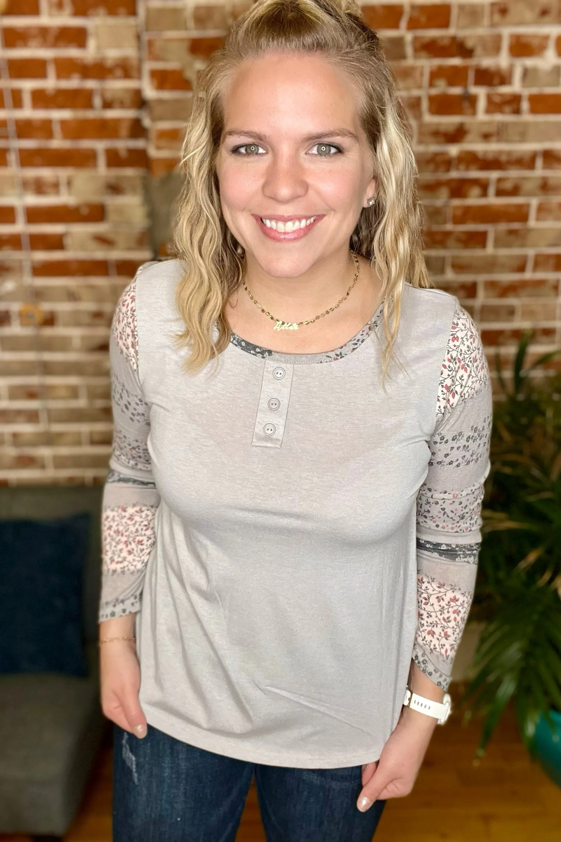 Printed Long Sleeve Henley Top