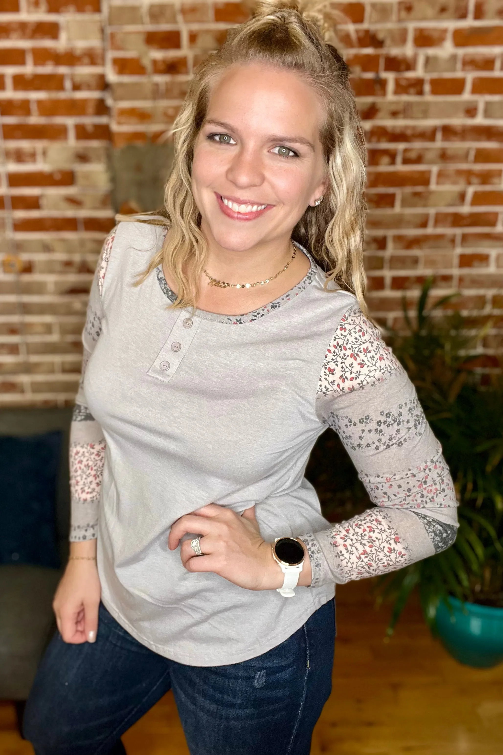 Printed Long Sleeve Henley Top