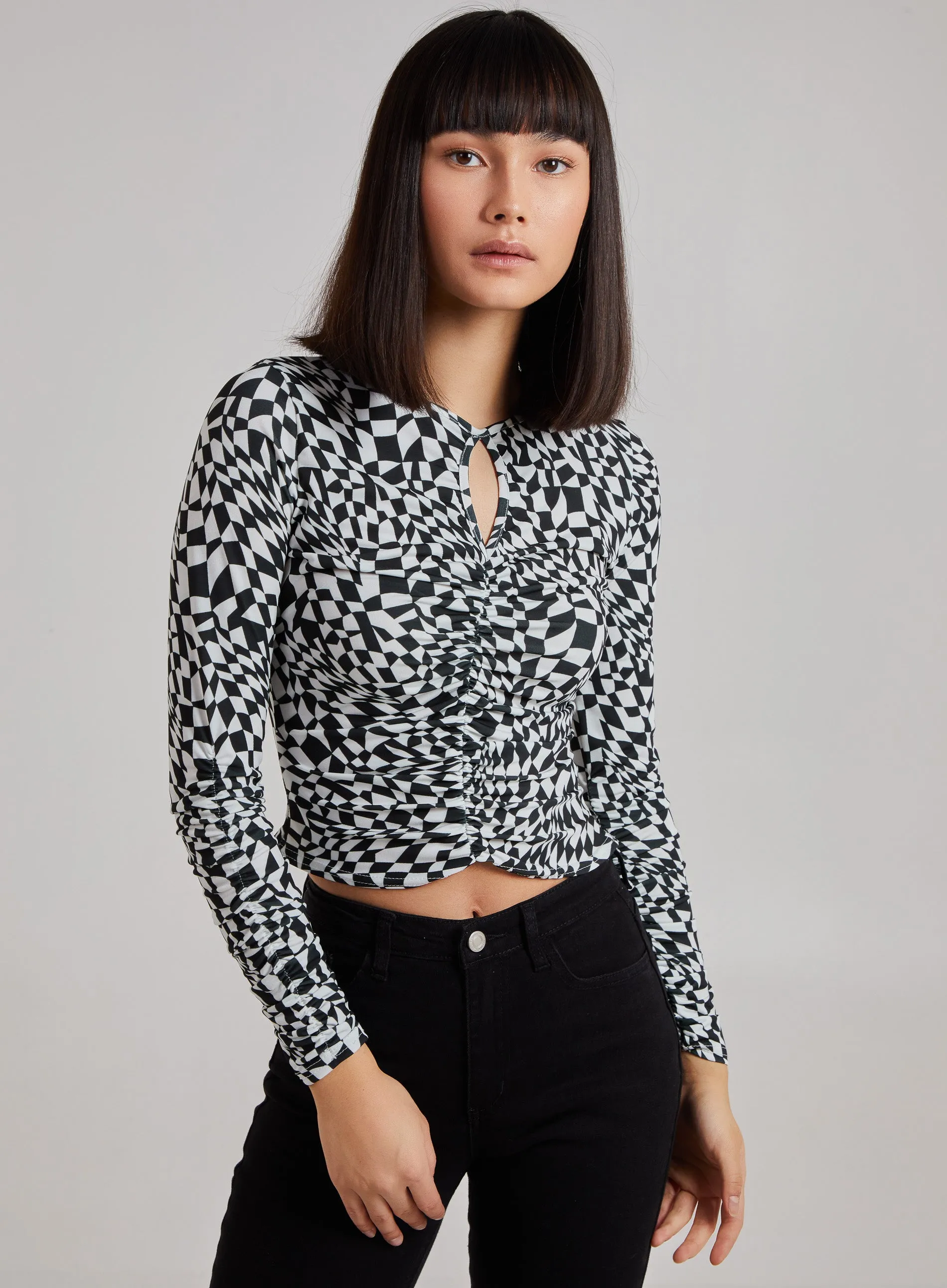 Printed Long Sleeve Keyhole Top