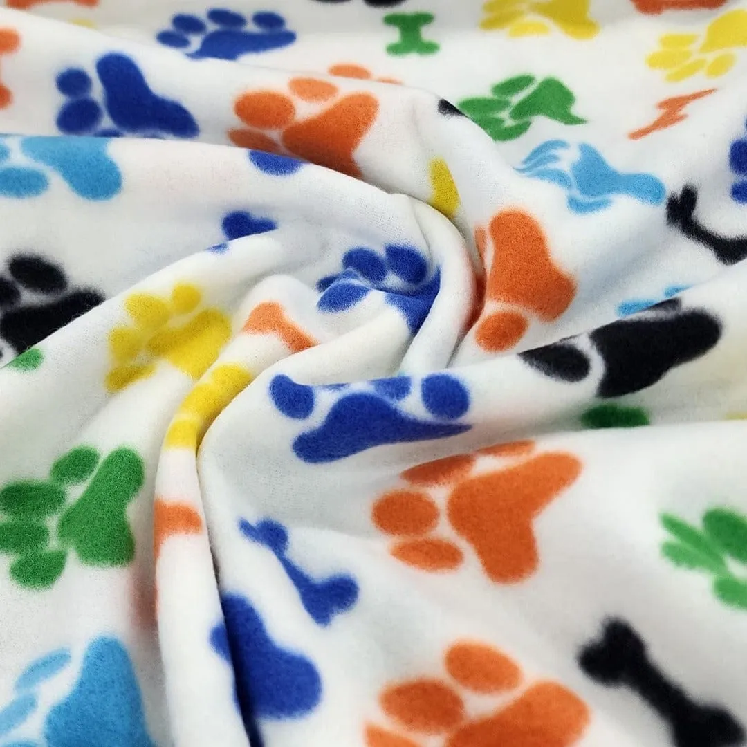 Printed Polar Fleece Fabric 150 cm Paws White