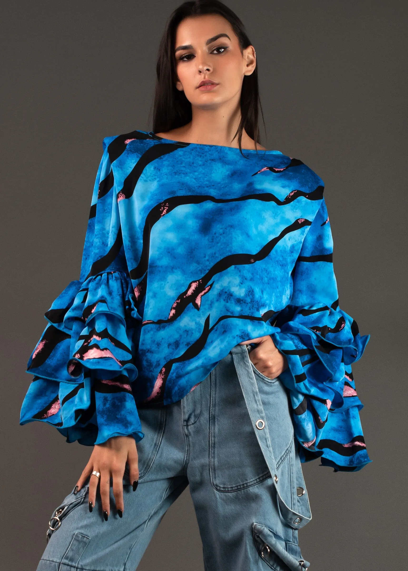 Printed Ruffle Sleeve Top