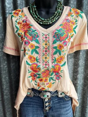 Printed Short-sleeved V-neck Top