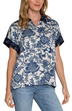 Printed Short Slv Collared Camp Shirt w Hi Low Hem