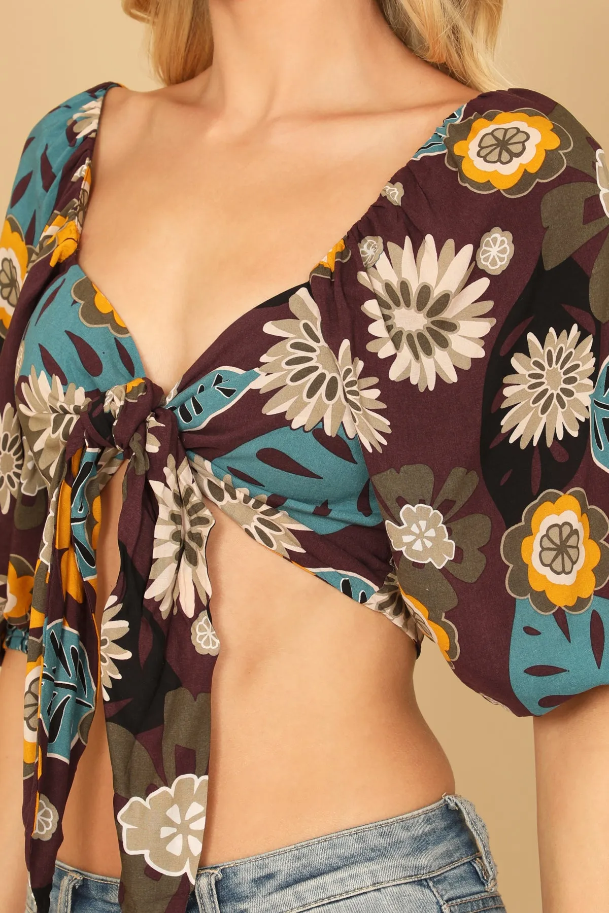 PUFF SLEEVE KNOT DETAIL PRINTED BRALLETE TOP