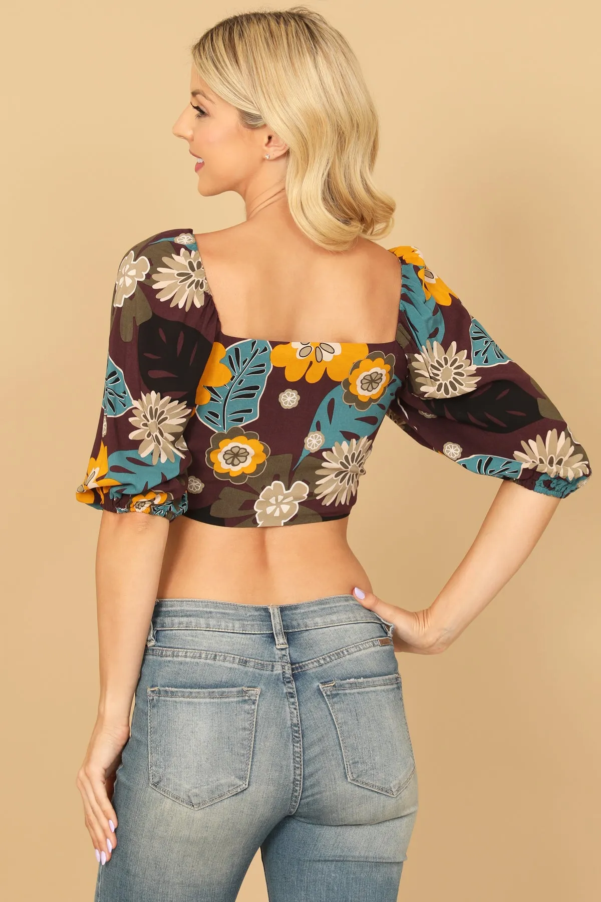 PUFF SLEEVE KNOT DETAIL PRINTED BRALLETE TOP
