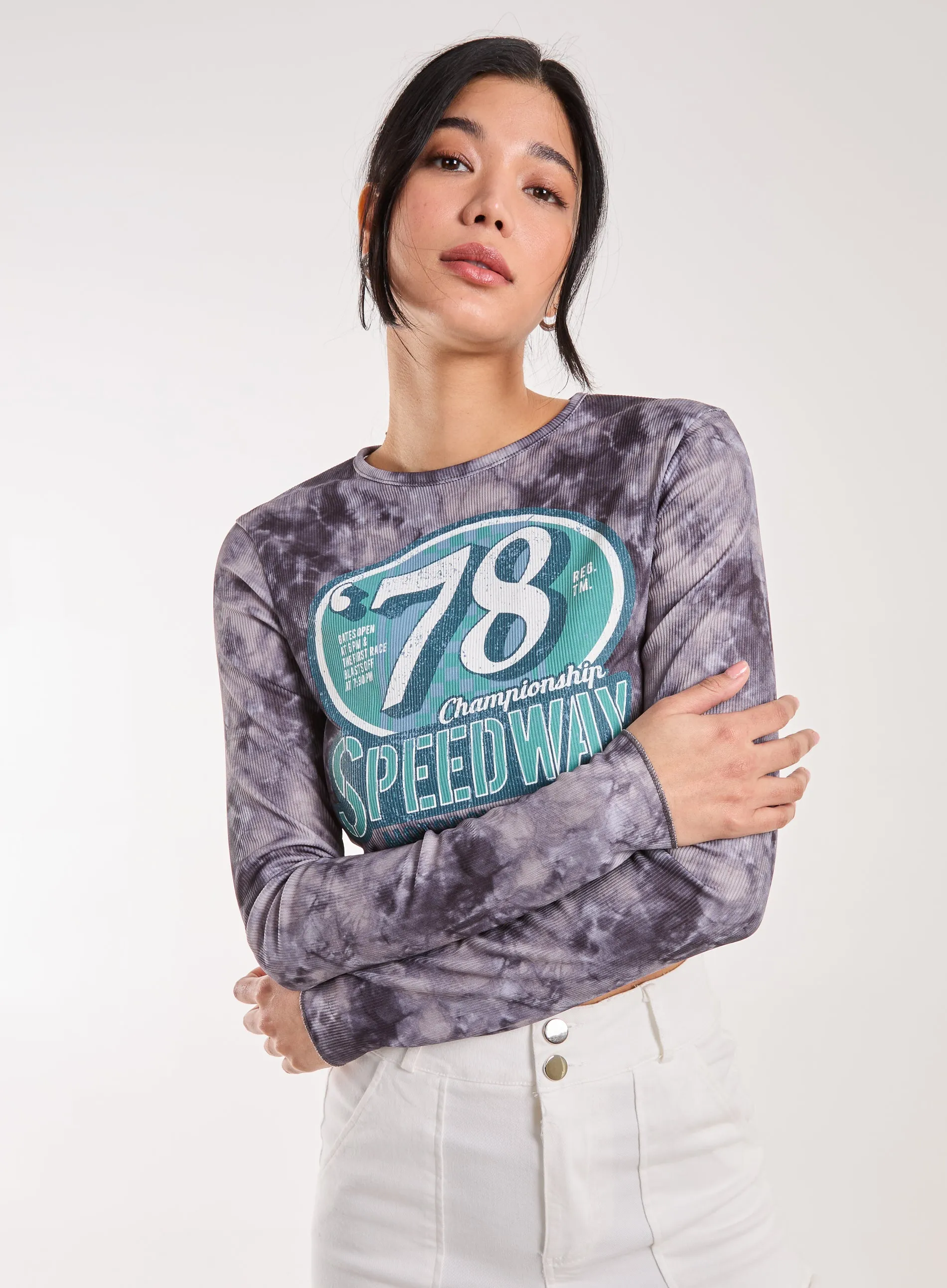 Racer Washed Printed Long Sleeve Top