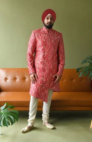 RAHUL Asymmetrical Red Sherwani