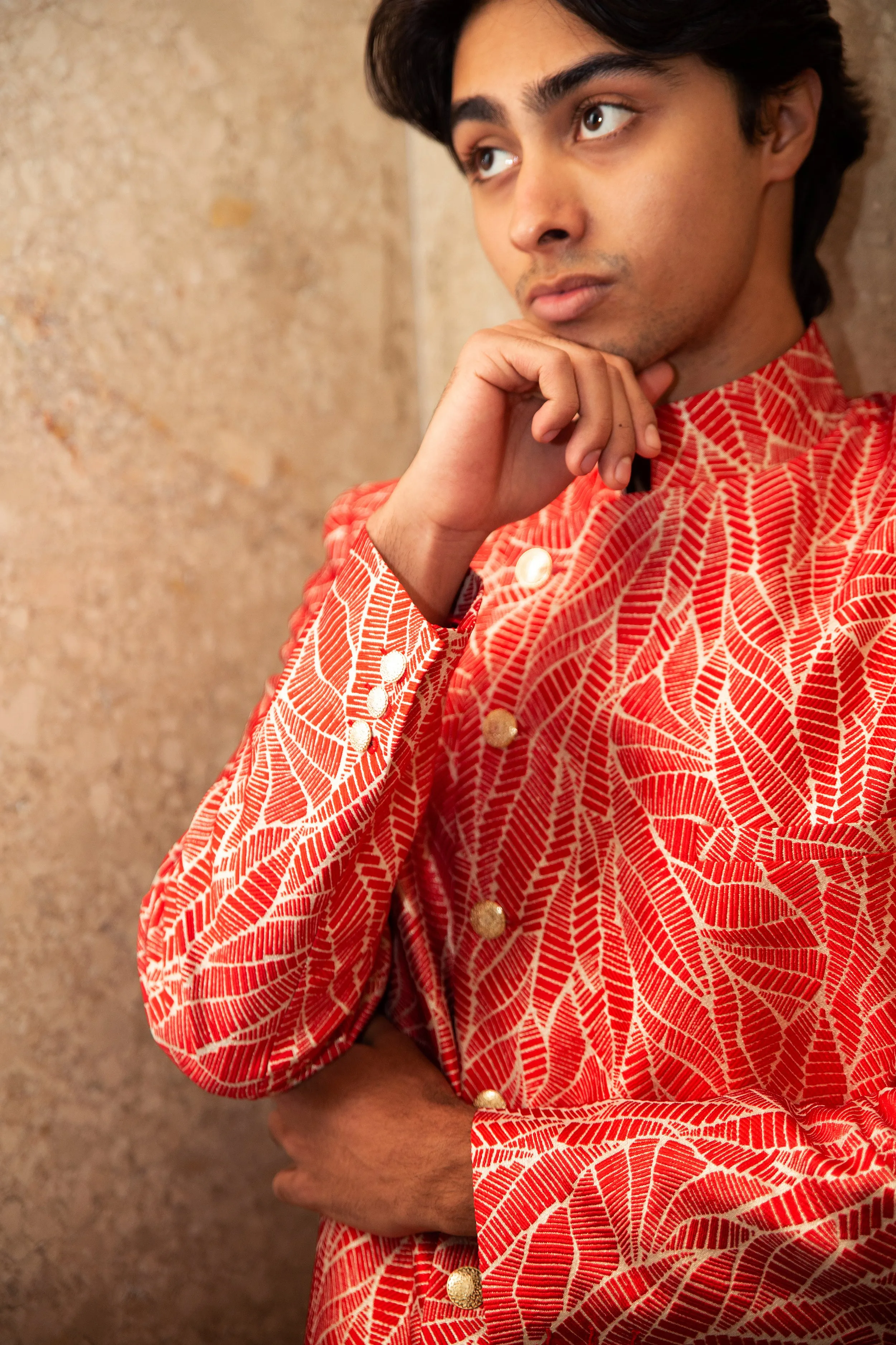 RAHUL Asymmetrical Red Sherwani