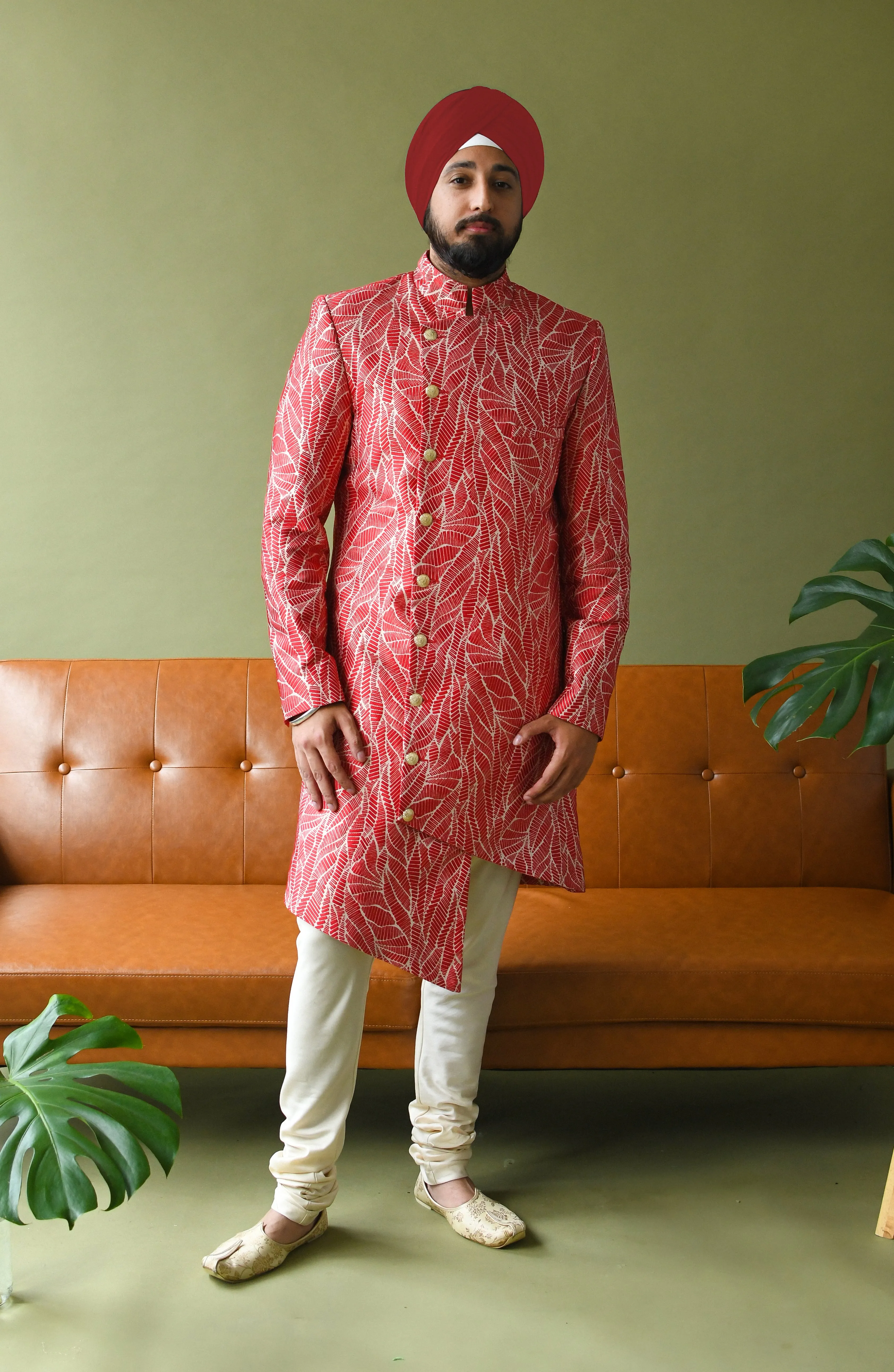 RAHUL Asymmetrical Red Sherwani