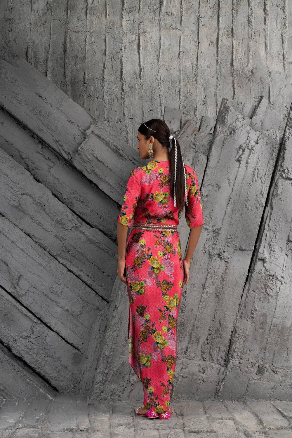 Raspberry Printed Draped Dress