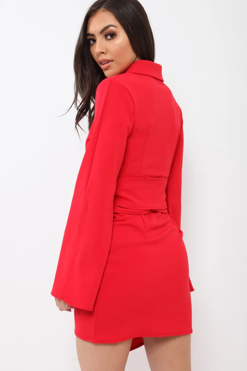 Red Blazer Dress with Ring Belt Detail - Emilie