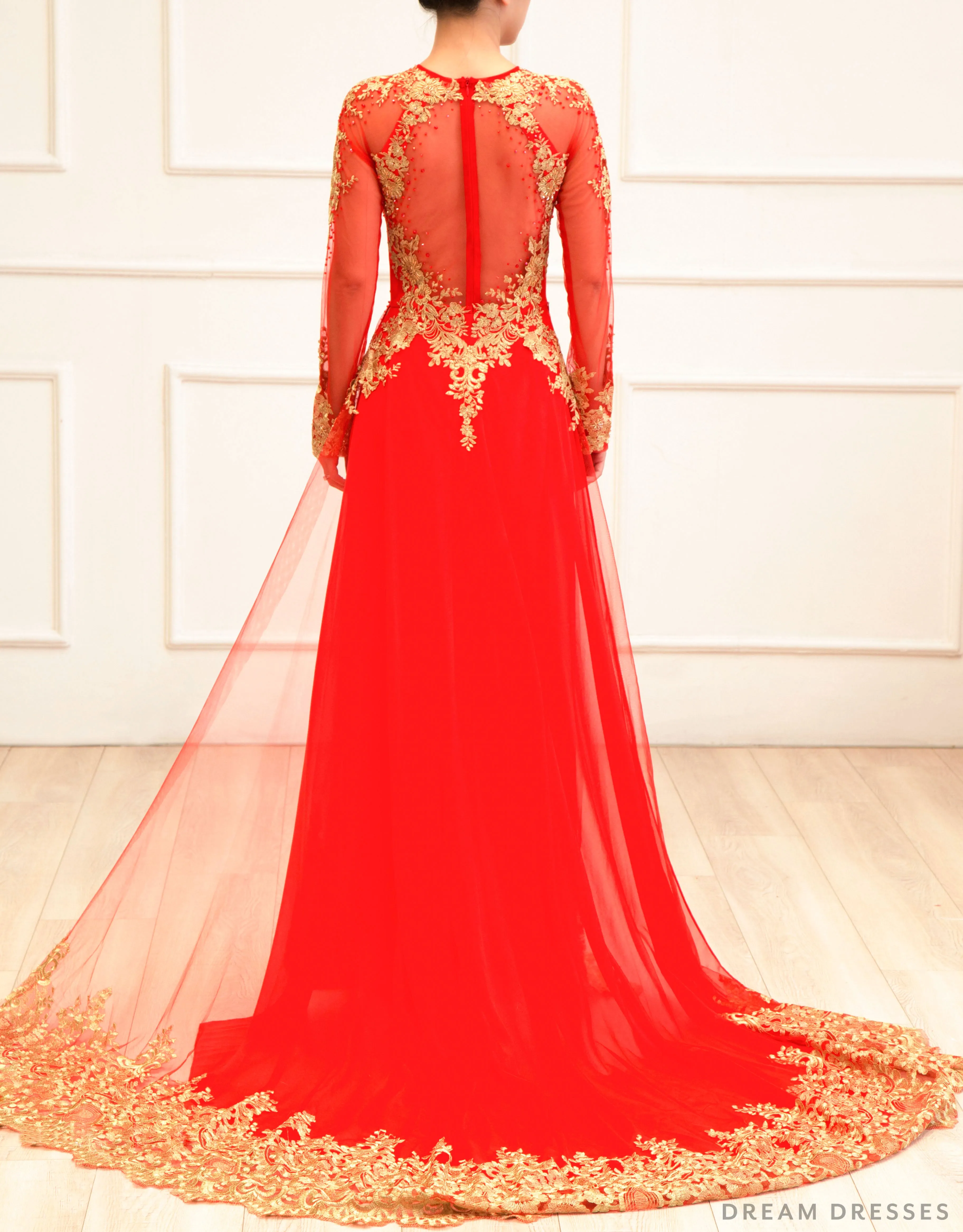 Red Bridal Ao Dai with Gold Lace | Vietnamese Bridal Dress (#KAIA)