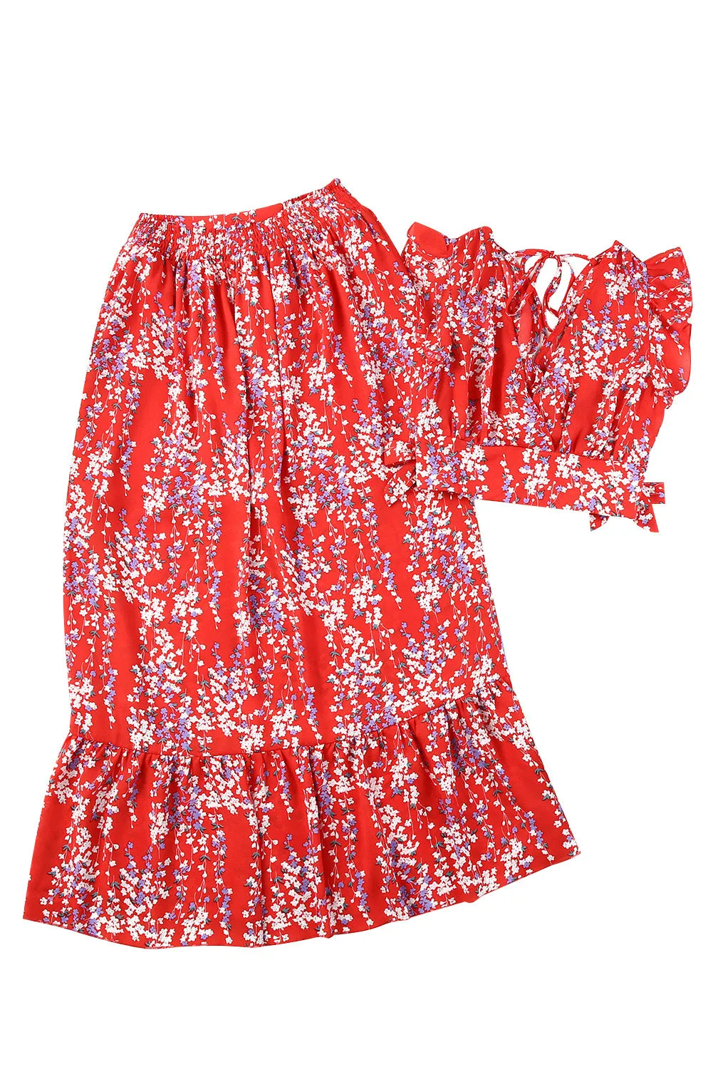 Red Floral Ruffled Crop Top and Maxi Skirt Set