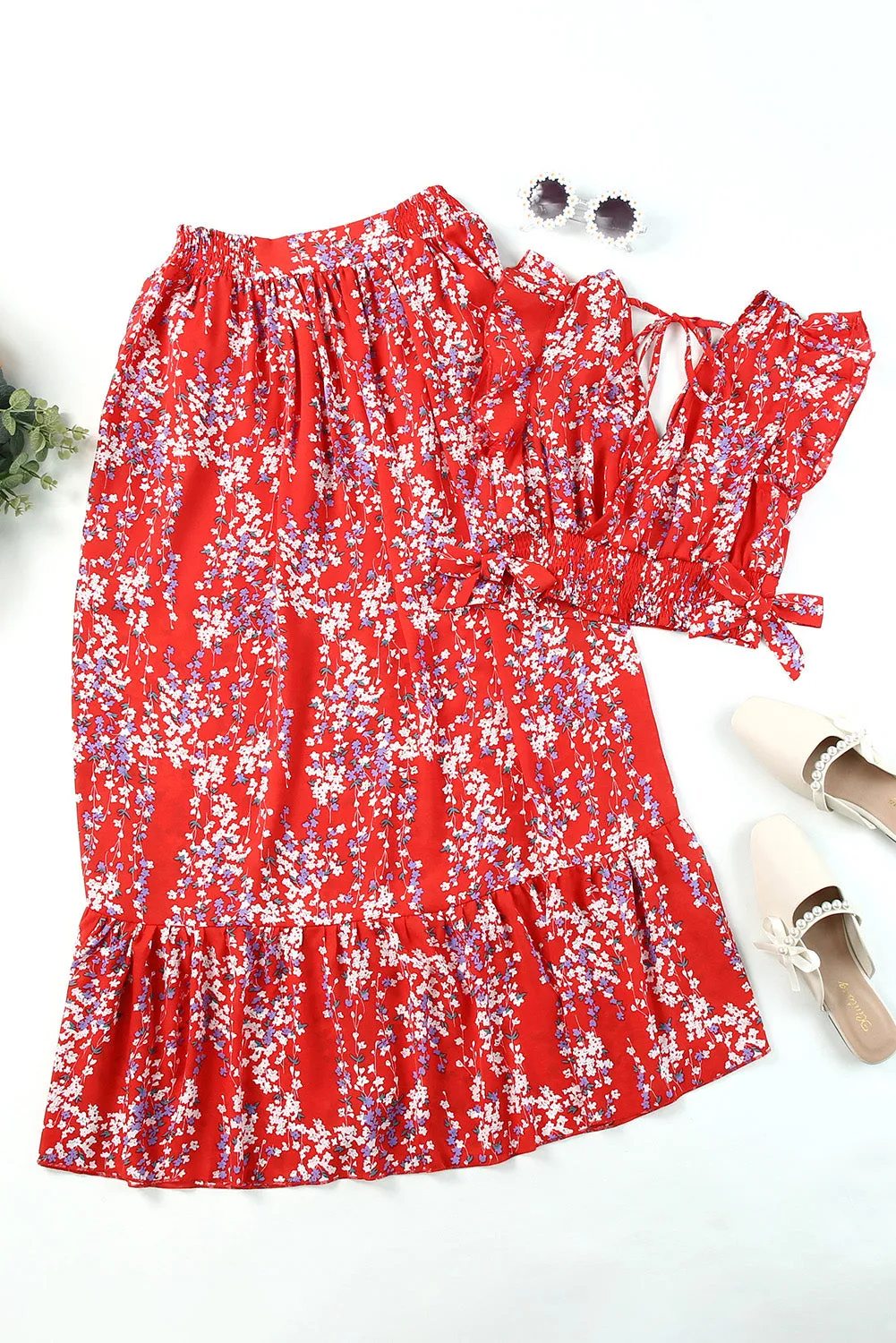 Red Floral Ruffled Crop Top and Maxi Skirt Set