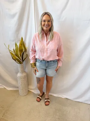 Red Pinstripe Button Down Top