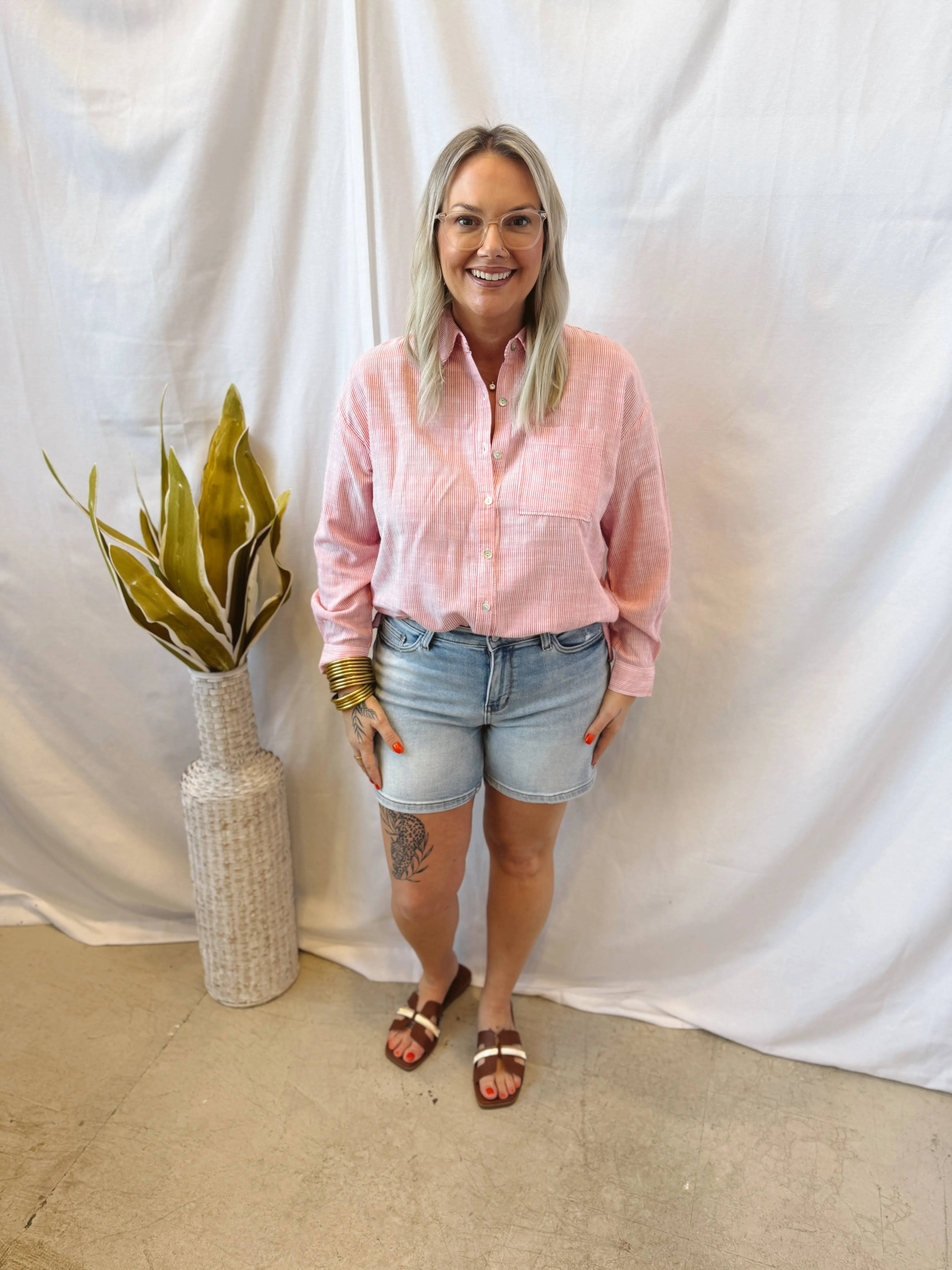 Red Pinstripe Button Down Top