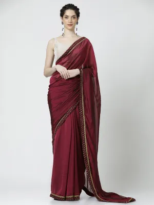 Red Wine Embellished Poly Silk Saree
