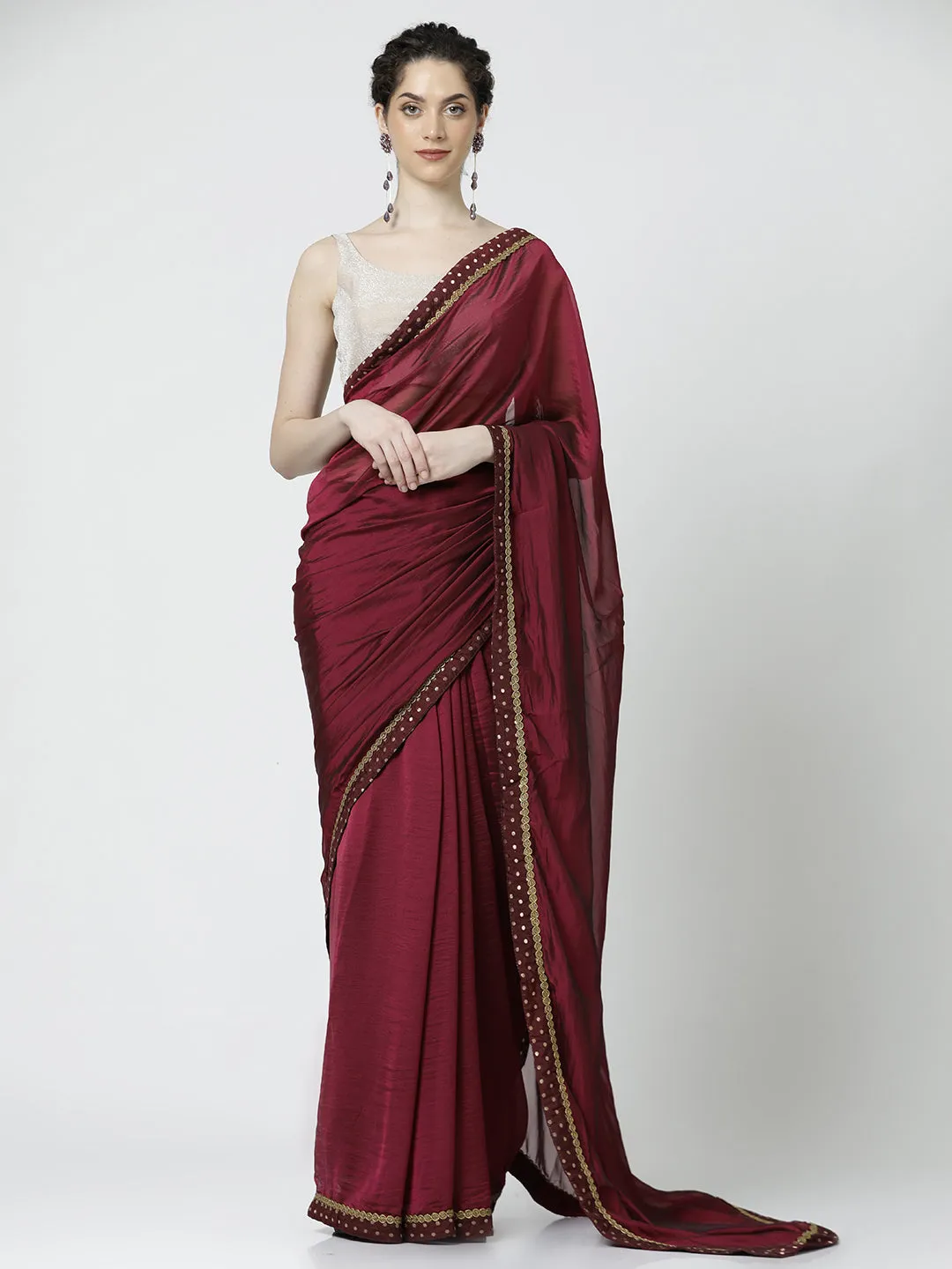 Red Wine Embellished Poly Silk Saree