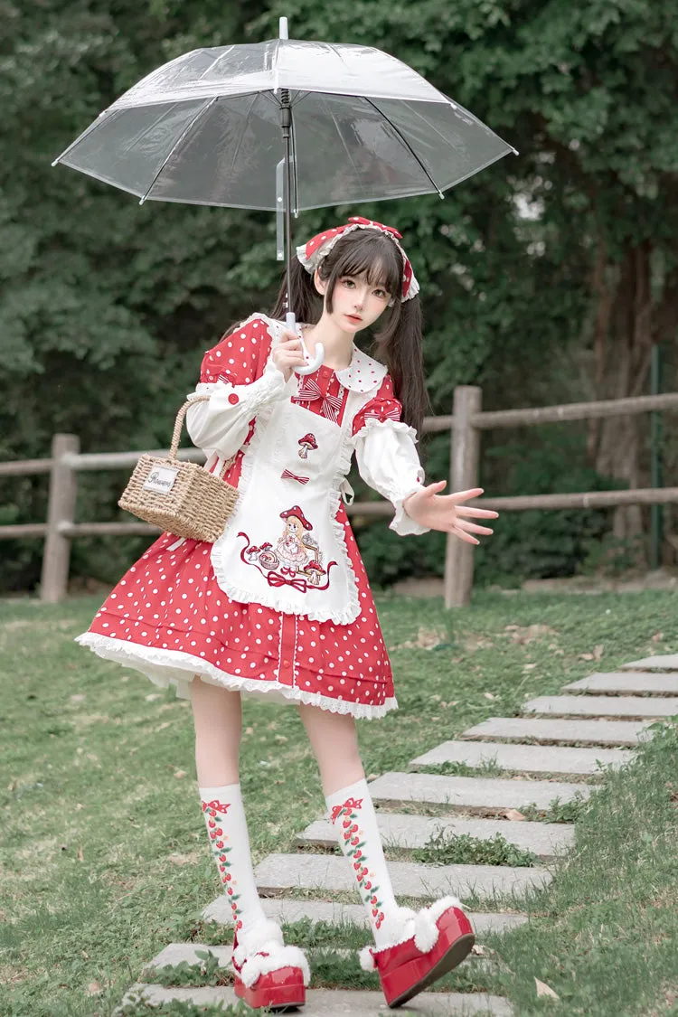 Red/White Doll Collar Short Sleeves Mushroom Princess Print Polka Dots Ruffle Sweet Lolita Dress