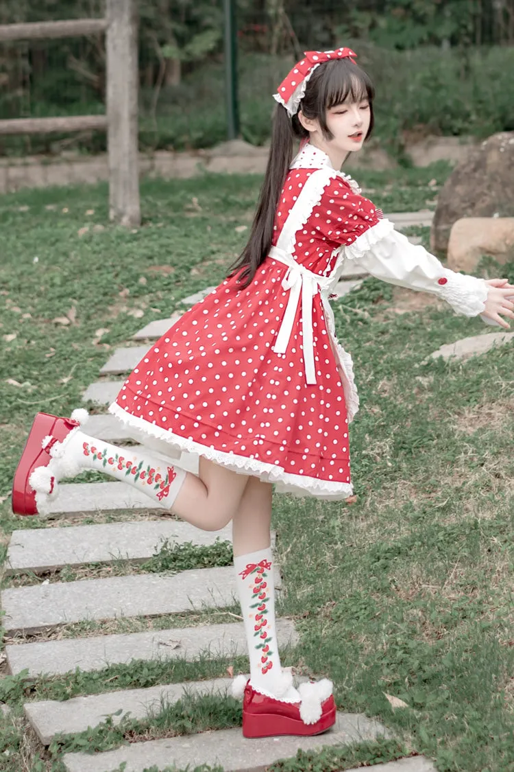 Red/White Doll Collar Short Sleeves Mushroom Princess Print Polka Dots Ruffle Sweet Lolita Dress