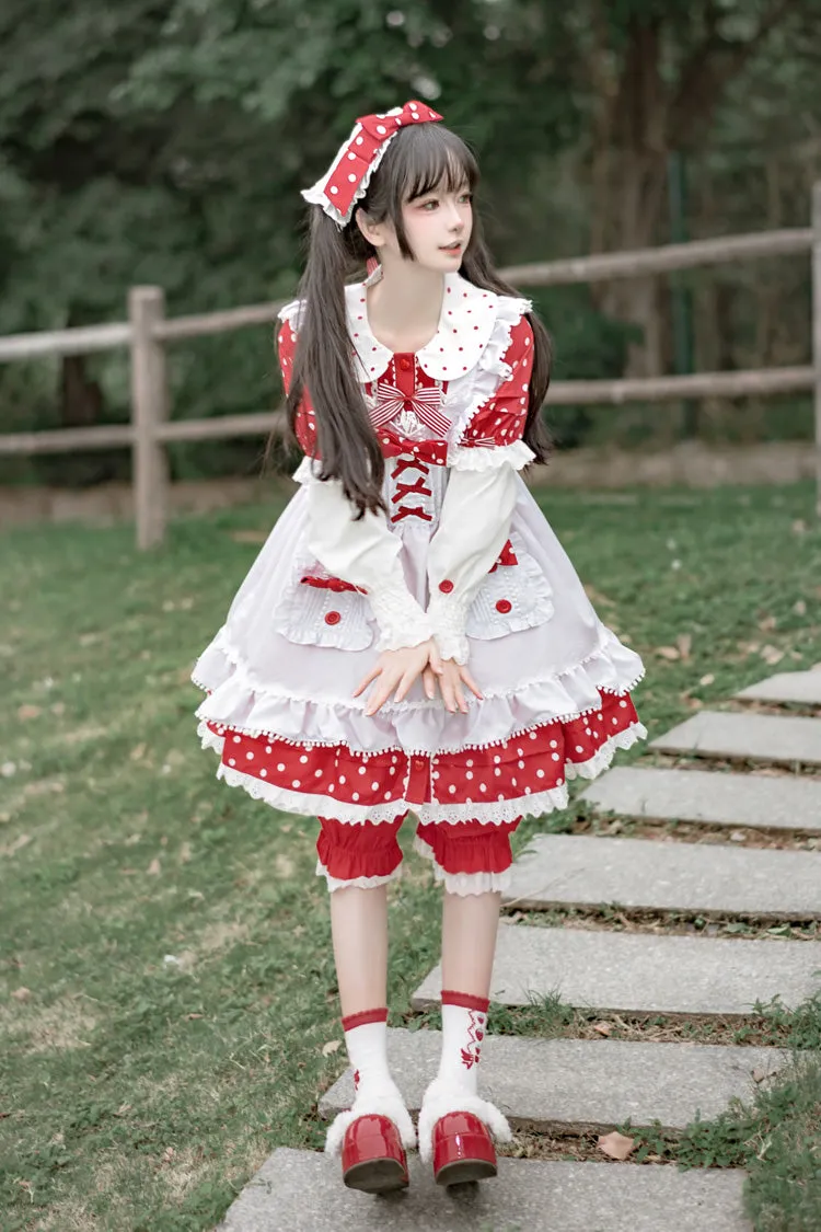 Red/White Doll Collar Short Sleeves Mushroom Princess Print Polka Dots Ruffle Sweet Lolita Dress