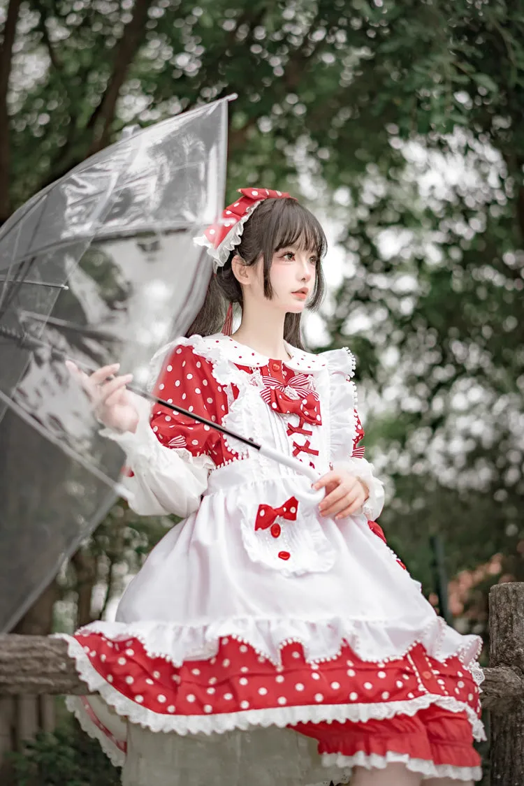Red/White Doll Collar Short Sleeves Mushroom Princess Print Polka Dots Ruffle Sweet Lolita Dress