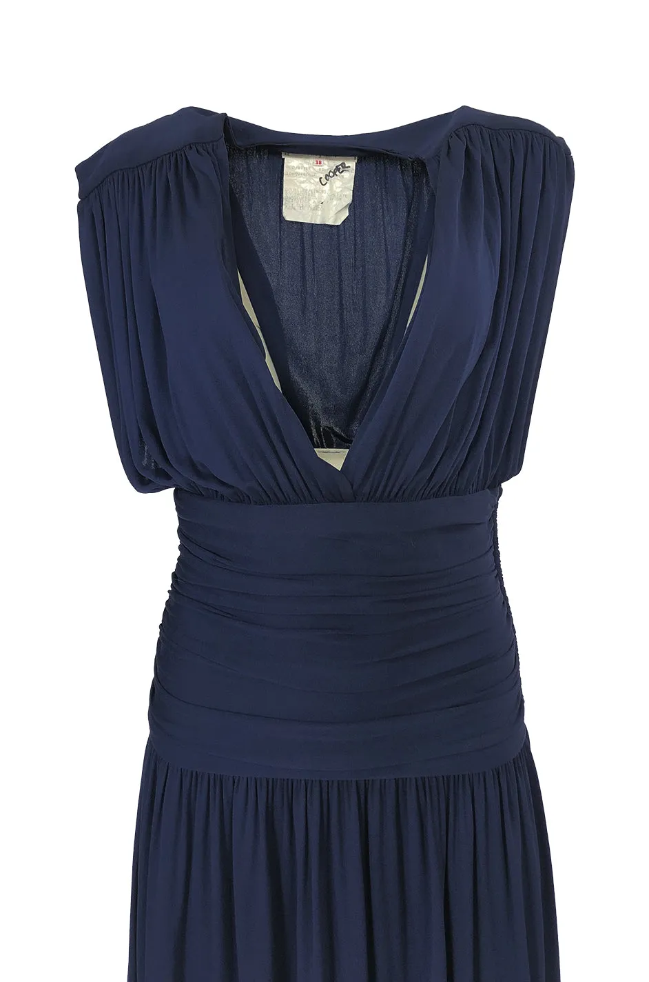 Resort 1986 Yves Saint Laurent Deep Plunge Front Blue Draped Silk Jersey Dress