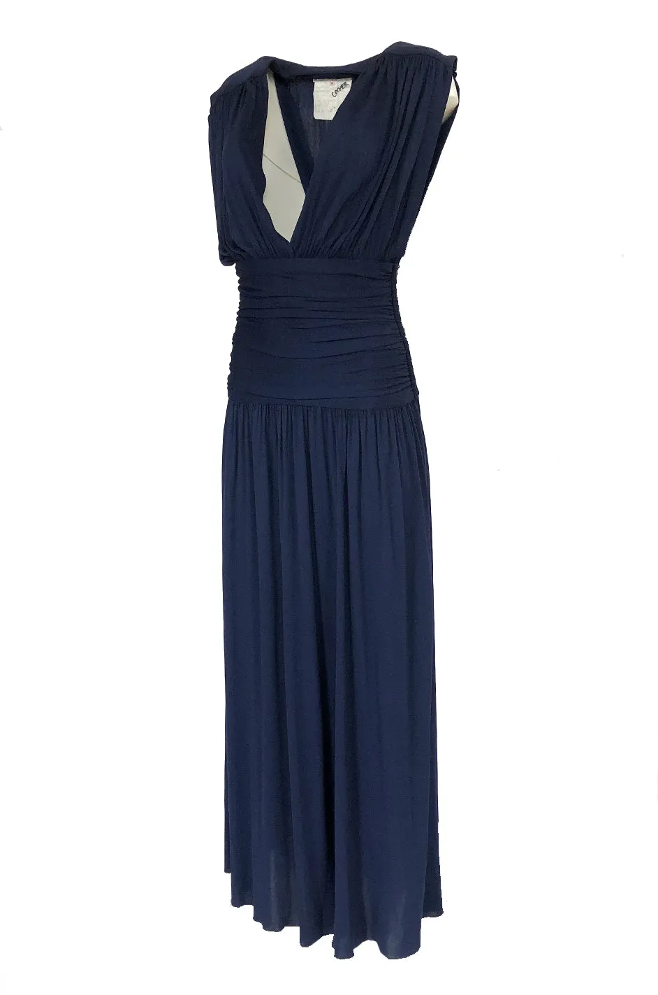Resort 1986 Yves Saint Laurent Deep Plunge Front Blue Draped Silk Jersey Dress