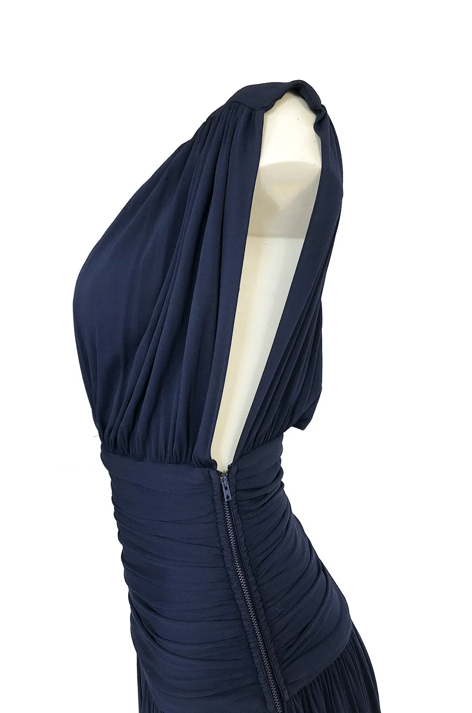 Resort 1986 Yves Saint Laurent Deep Plunge Front Blue Draped Silk Jersey Dress