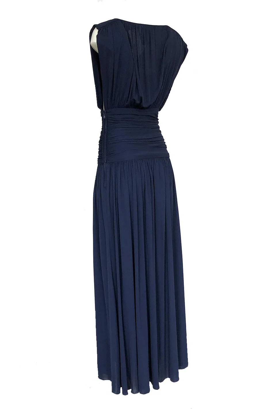 Resort 1986 Yves Saint Laurent Deep Plunge Front Blue Draped Silk Jersey Dress