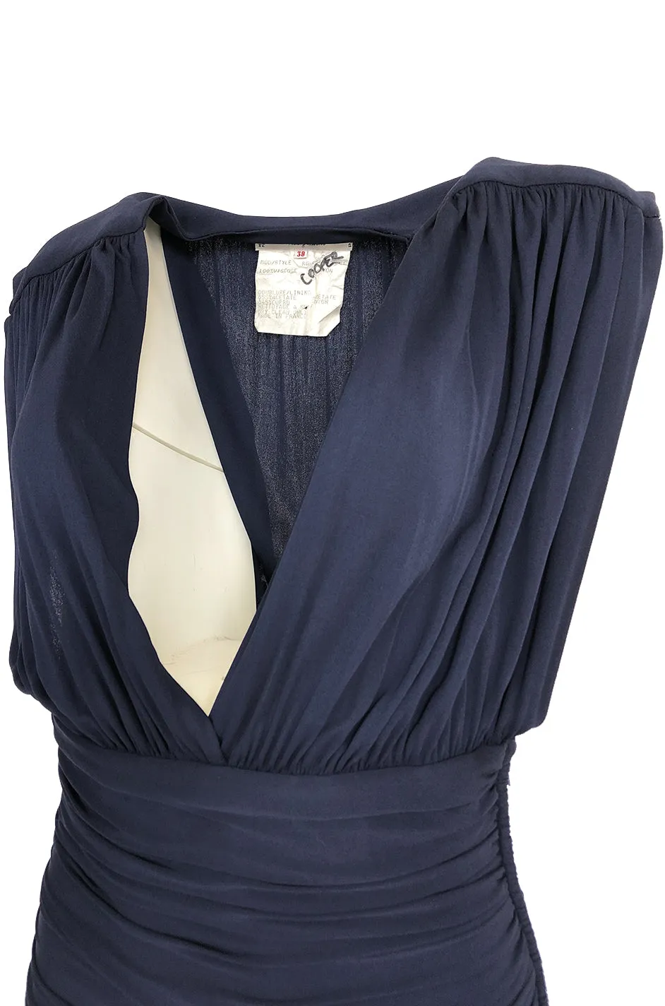 Resort 1986 Yves Saint Laurent Deep Plunge Front Blue Draped Silk Jersey Dress