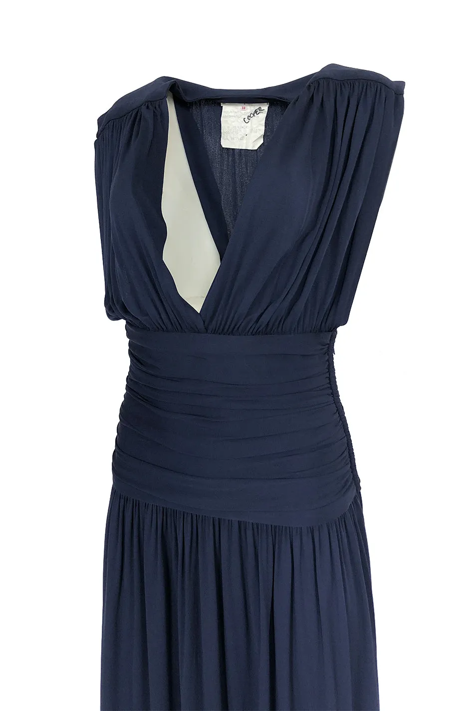 Resort 1986 Yves Saint Laurent Deep Plunge Front Blue Draped Silk Jersey Dress