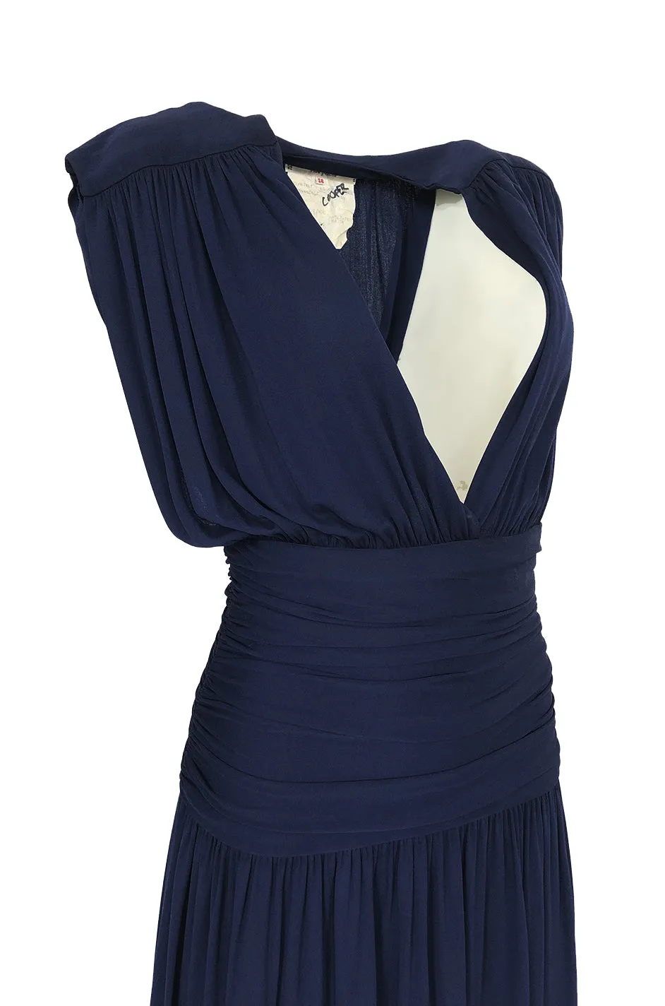Resort 1986 Yves Saint Laurent Deep Plunge Front Blue Draped Silk Jersey Dress
