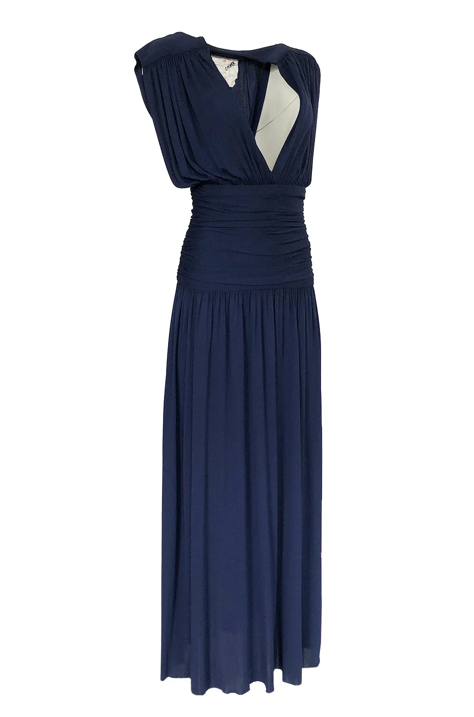 Resort 1986 Yves Saint Laurent Deep Plunge Front Blue Draped Silk Jersey Dress
